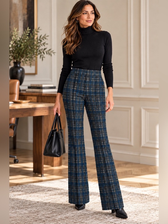 Lysse Pants - Lysse New York Plaid Pull On Trousers XL Blue Flare Stretch Career Pants Preppy